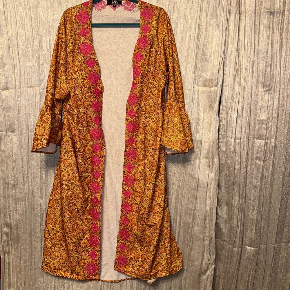 L&B Lucky & Blessed Retro Vibrant Embroidered Floral Kimono Duster {XL} Funky